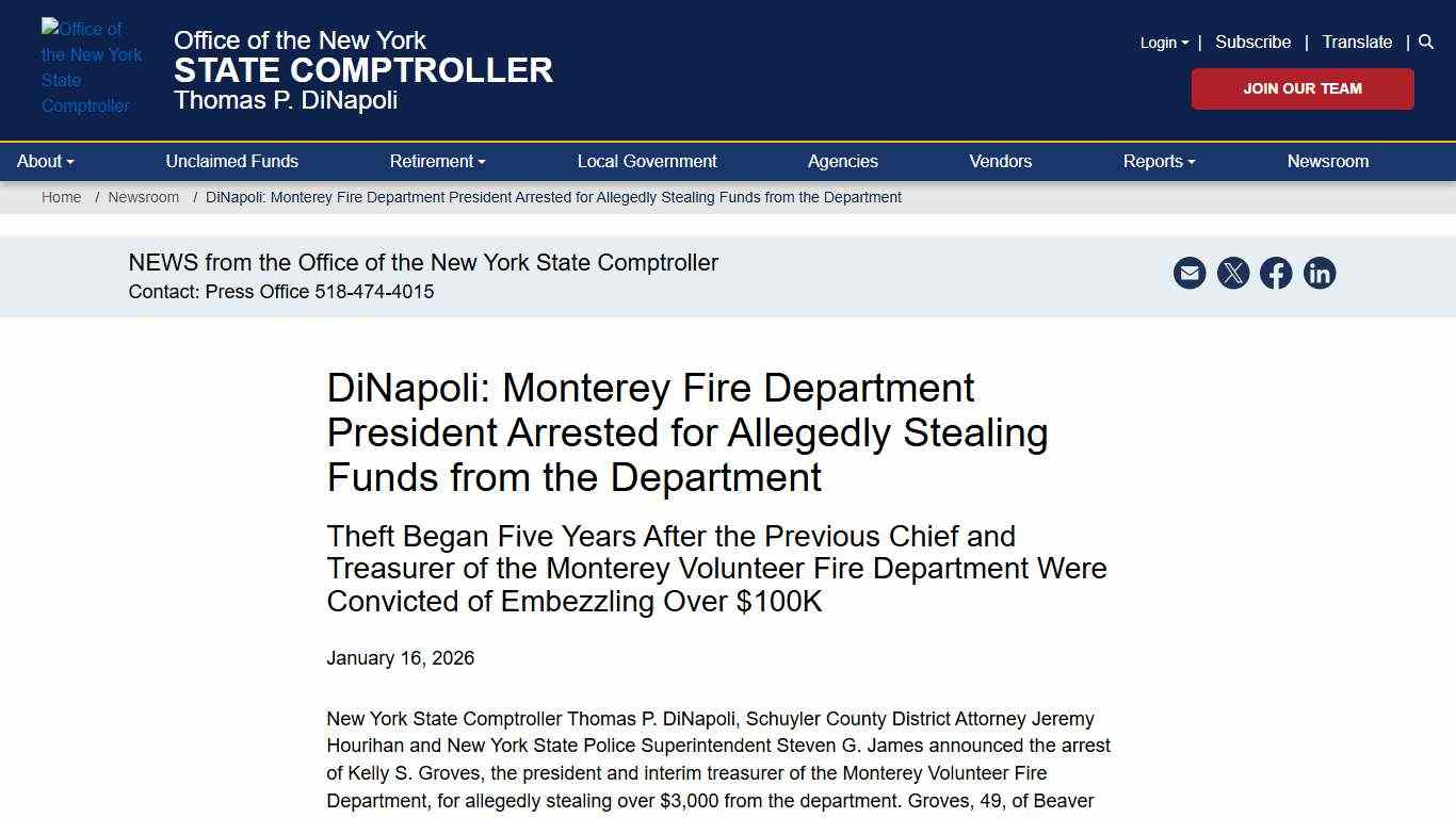 DiNapoli: Monterey Fire Department President Arrested for Allegedly Stealing Funds from the Department Office of the New York State Comptroller