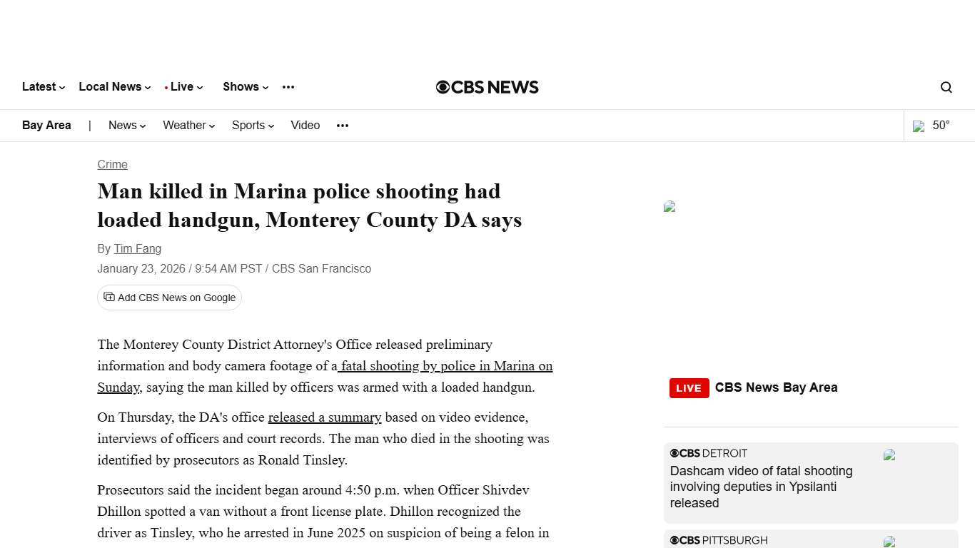 Man killed in Marina police shooting had loaded handgun, Monterey County DA says - CBS San Francisco